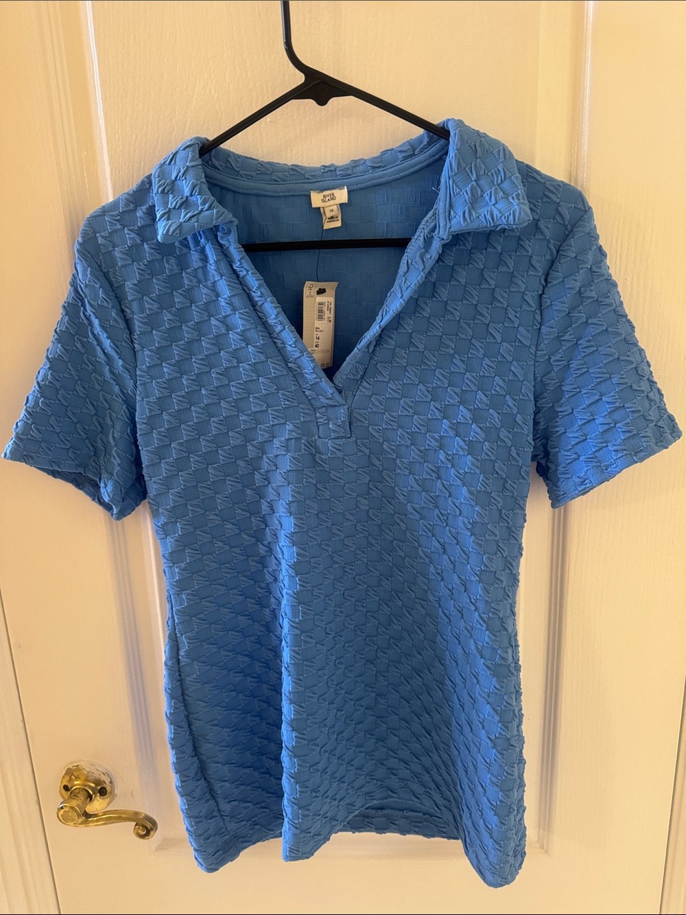 River Island Blue Textured Short Sleeve Polo Top - UK 14